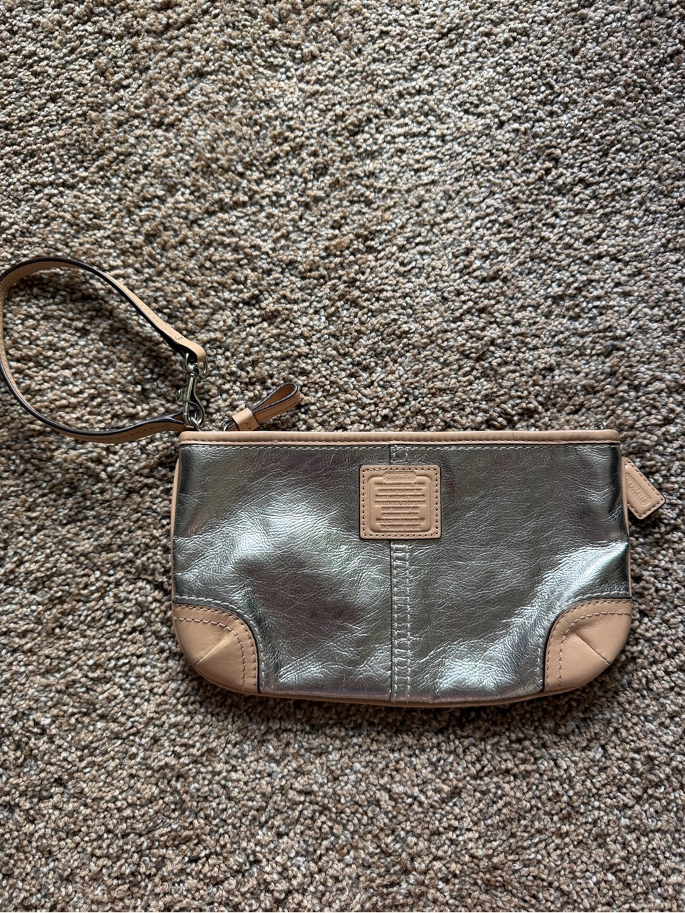 COACH Metallic Silver & Tan Leather Wristlet Wallet